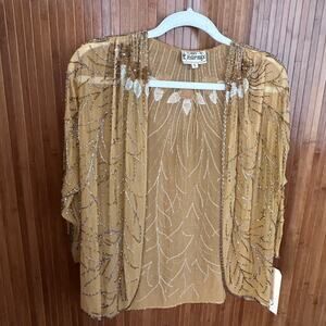Vintage 80s Sister Max Beaded Silk Open Front Cardigan Jacket Gold